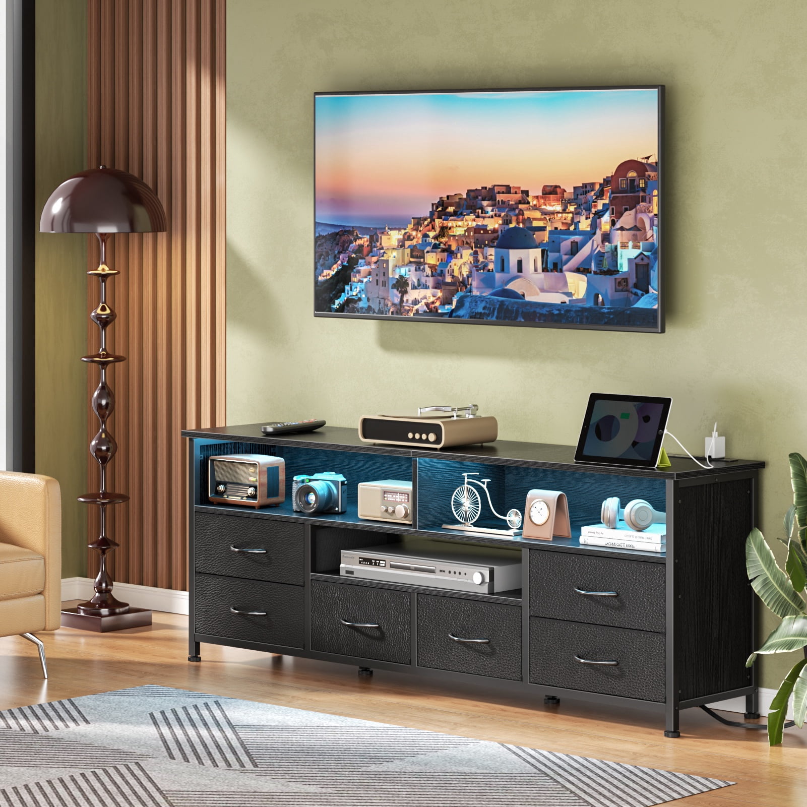 Tydimor 6-Drawer Fabric Dresser with LED Lights & Outlet, TV Stand with 3 Open Compartments, Metal Frame Anti-Tip Design, Fits 32"-70" TVs, for Bedroom or living room, Black (55")