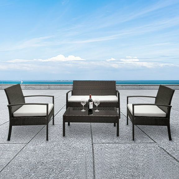 4 Piece Outdoor Patio Furniture Set, PE Rattan Wicker Chair Set, Sectional Furniture Bistro Set with Cushions and Tea Table, Wicker Conversation Set for Backyard Lawn Porch Garden Poolside, B421