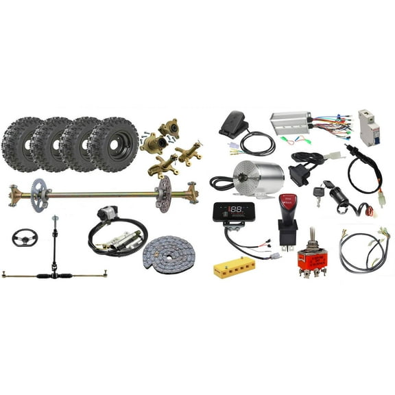 29" Go Kart Rear Axle Kit  Front End Steering Shaft Assembly  Brake   4.10-6" Wheels Tires  60V 2500W Brushless Electric Motor Kit for Go Kart ATV Quad Buggy Drift Trike 4 Wheeler