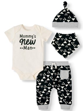 Miniville Baby Boy Short Sleeve Bodysuit, Jogger Pant, Bandana Bib & Hat, 4pc Outfit Set