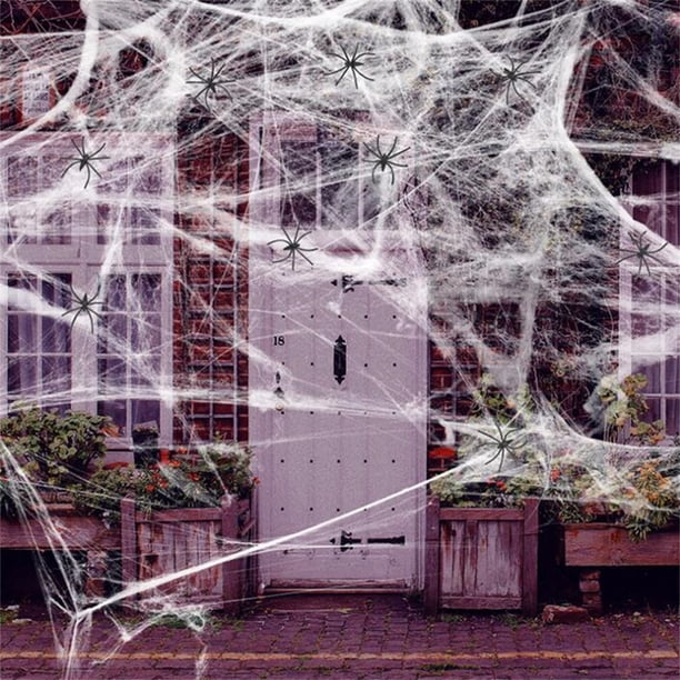 Decoraciones de Halloween de 40 Pies Cuadrados, Telaraña Elástica con Telarañas de Plástico Falsas, Decoración de Halloween para Exteriores.