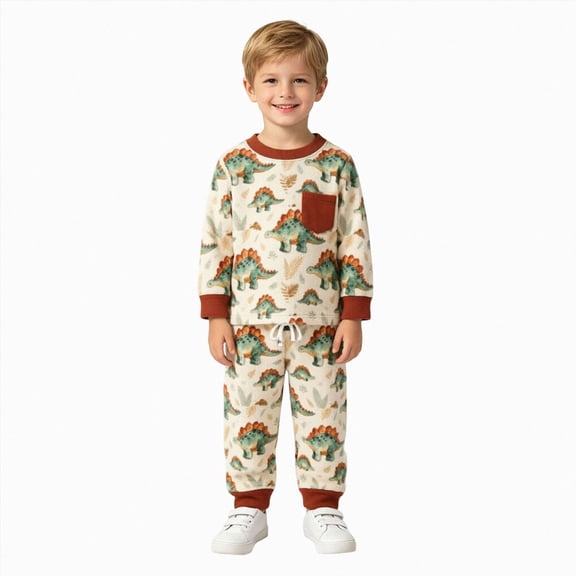 Wonitaaizi Toddler Boys Clothes Dinosaur Print Outfits Long Sleeve Pullover Jogger Pant 2PC Sets (2-3 Years,Coffee)