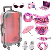 American Doll Travel Suitcase Play Set for Girl 18 Inch Doll, Travel Carrier Luggage Doll Clothes Sunglasses Camera Laptop Pillow, Pretend Play Toys Gift for Birthday, Christmas, Party, More