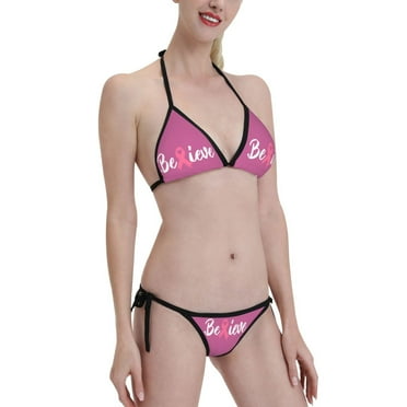 Breast Cancer Awareness Believe Hope Swimsuit For Women,Sexy Triangle Bikini Set,Retro Halter Two Piece Bathing Suitsone Size