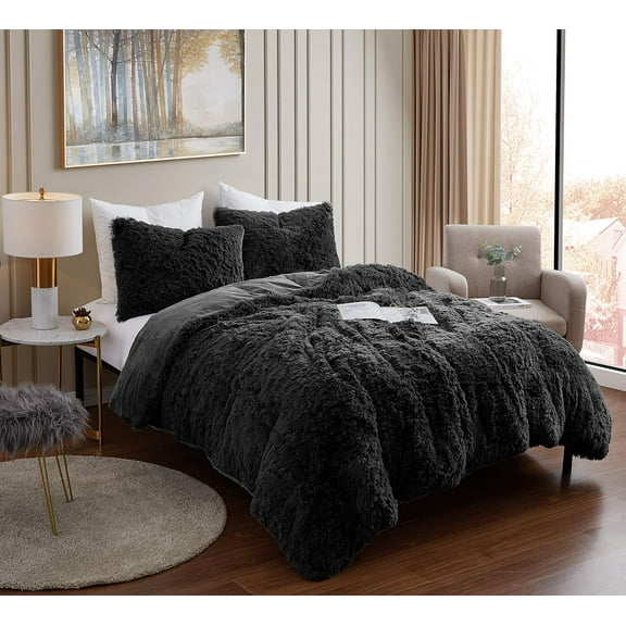 Comforter Pack Ultra Soft Luxurious Faux Fur Decorative Fluffy Crystal Velvet Bedding with 2 Shams - Black - King