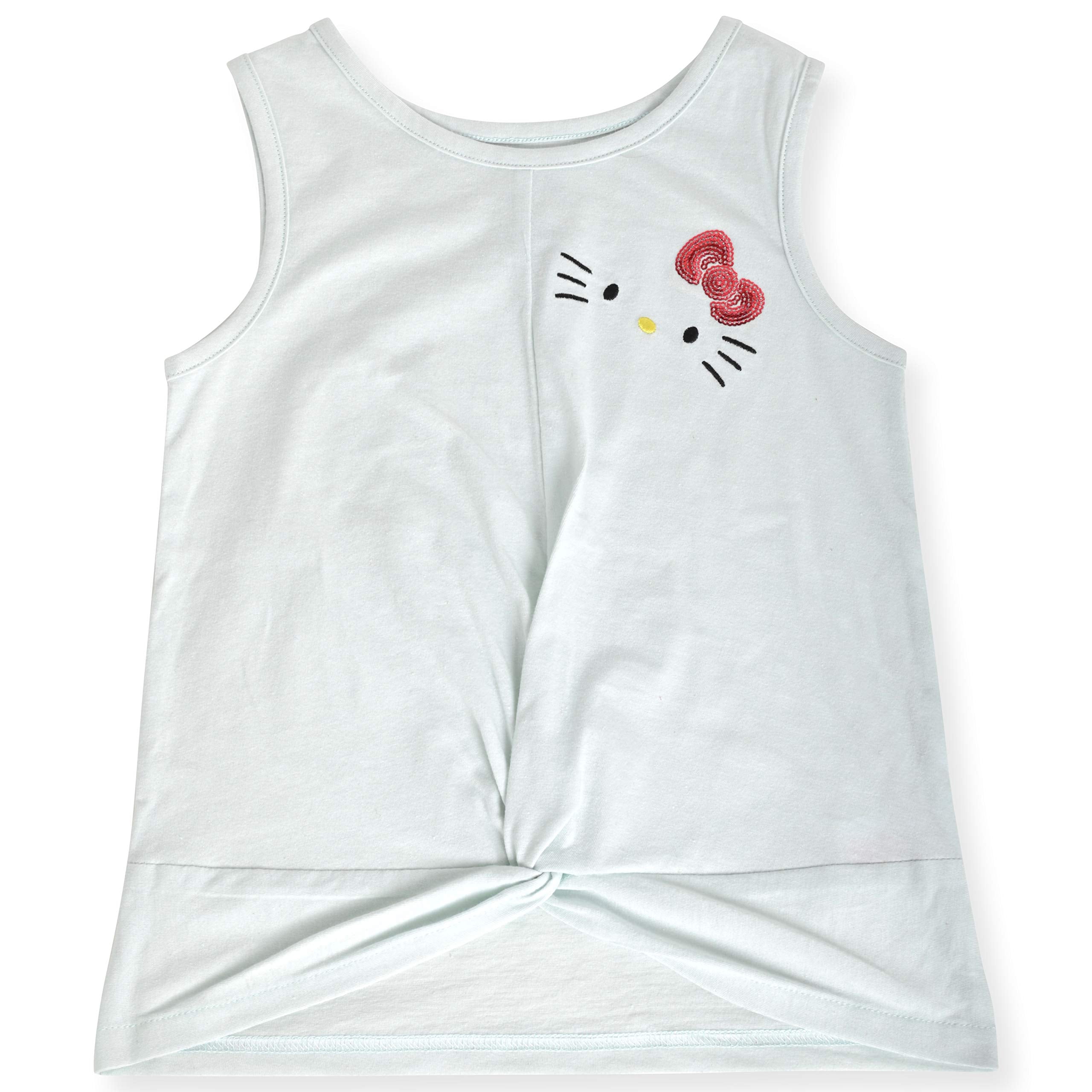 Hello Kitty Girls 2-Piece Fashion Tee Shirt and Active Short Set with Tie Front Top and Fashion Dolphin Shorts Summer Clothes for Little Girls (Blue Tie Dye, 5/6)