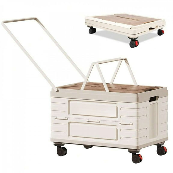 YFLXDMLYYSC 65L Collapsible Rolling Crate with Wheels, Foldable Utility Cart with Wooden Cover, Mobile Folding Cart for Teacher, Shopping, Camping, Office