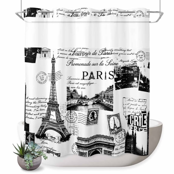 No Hook Shower Curtain, Paris Tower Shower Curtains for Bathroom with See Through Top Window, Vintage Architectural Hand-Painted Aesthetic Waterproof & Washable Bath Curtain Standard 72"x72"