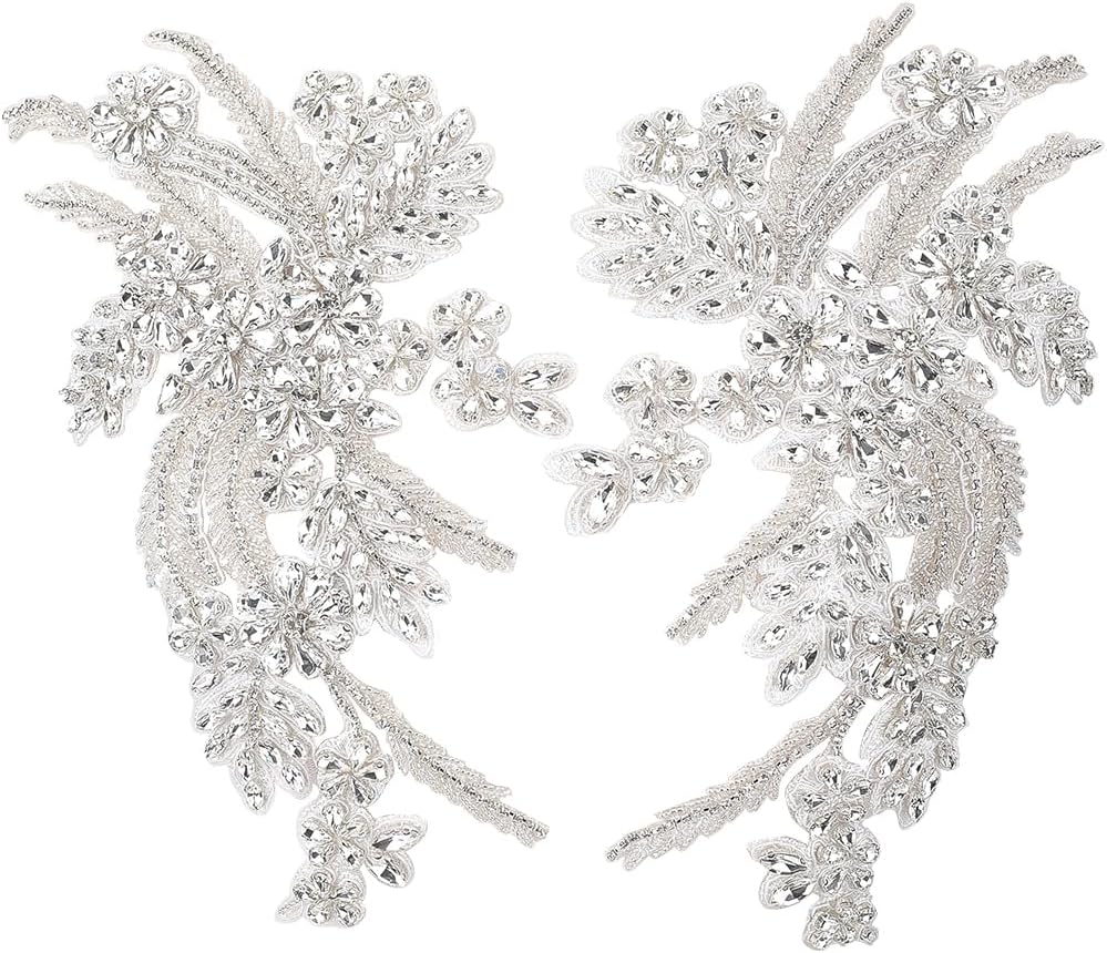 2Pcs Rhinestone Beaded Floral Embroidered Appliques Handmade 3D Shiny Bling Sequins Stone Embroidery Flower Lace Trim Applique Patches for Sewing Making Dress Gowns Wedding Clothes