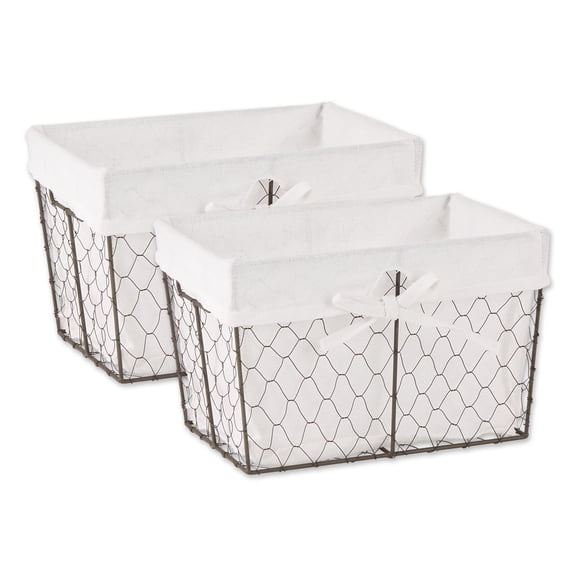 Medium Gray Chicken Wire White Cotton Liner Basket (Set of 2) 11x7.88x7