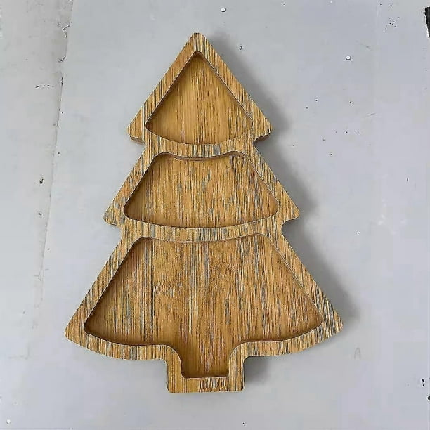 Wooden Serving Tray Christmas Tree Tray Plate for Home (Pointy Tree Divided)