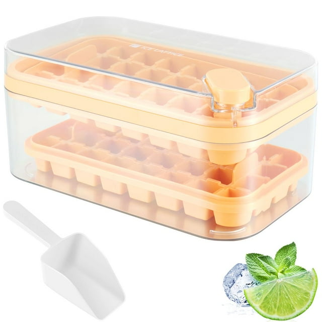 Ice Cube Tray with Lid Easy Release Large Ice Cube Mold for Freezer Ice Cube Maker with Scoop (Yellow)