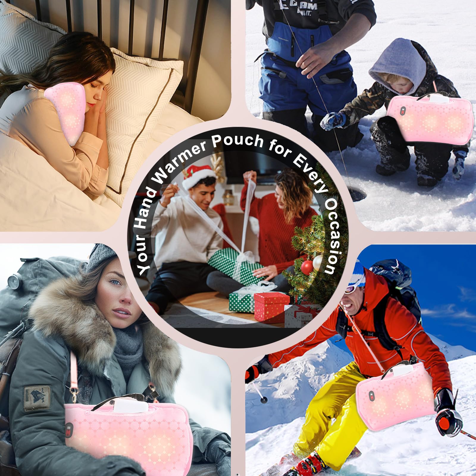 ELORTI Hand Warmers Pouch Rechargeable with 10000mAh Power Bank, 6 Levels Graphene Heated Handwarmer Bag, Double-Sided Heating for Outdoor Fishing Hiking Hunting Skiing, Pink