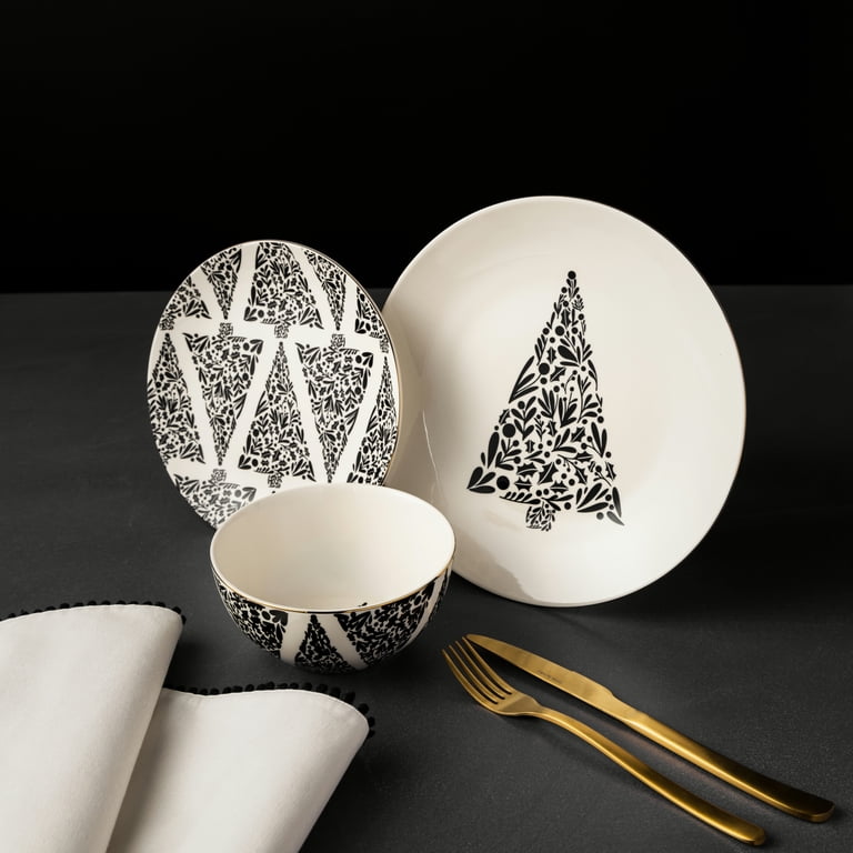 Thyme & Table Holiday Tree 12-Piece Ceramic Dinnerware Set - Cream