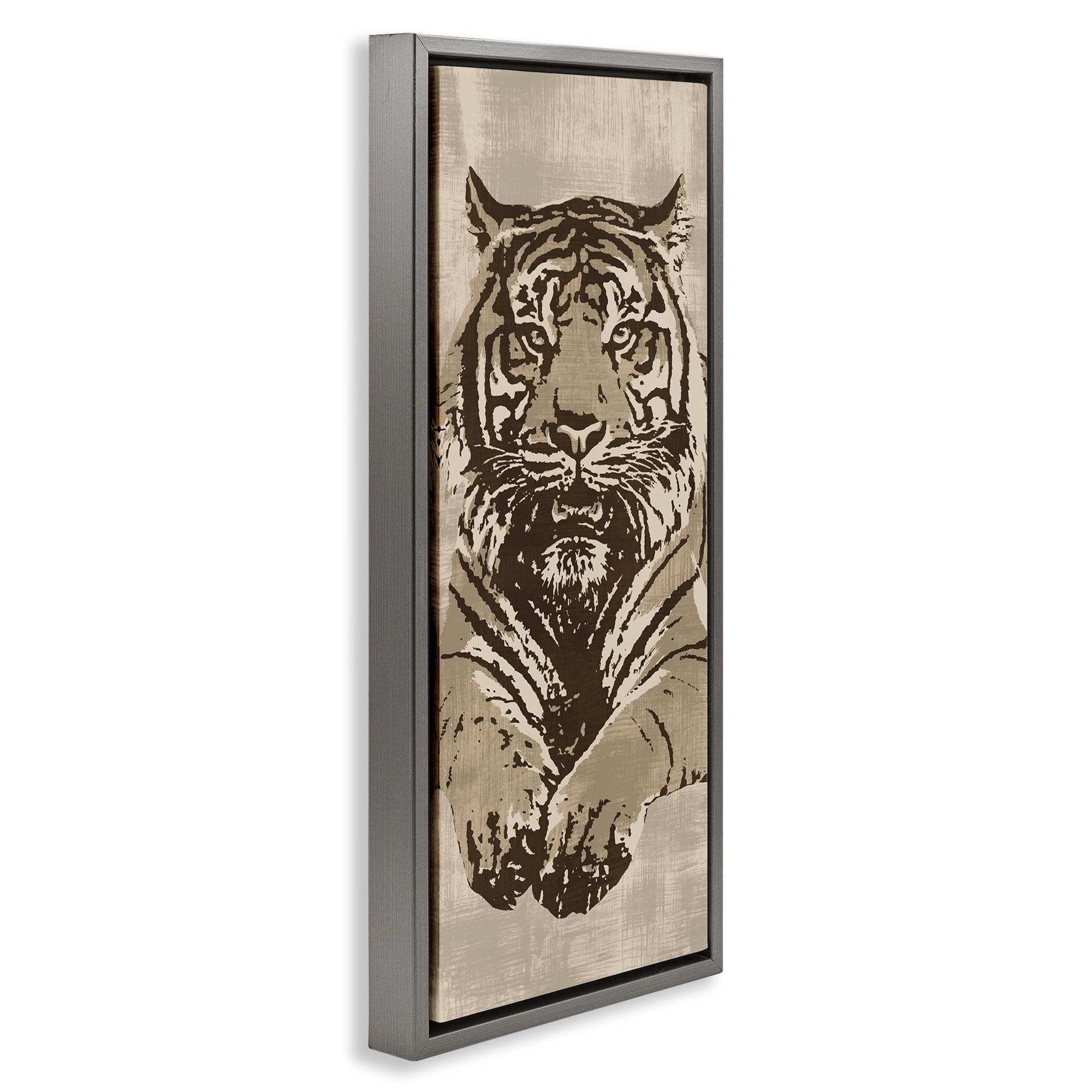 Stupell Industries Fierce Tiger Baring Teeth Animals Painting Gray Floater Framed Canvas Art Print Wall Art, 11 x 25