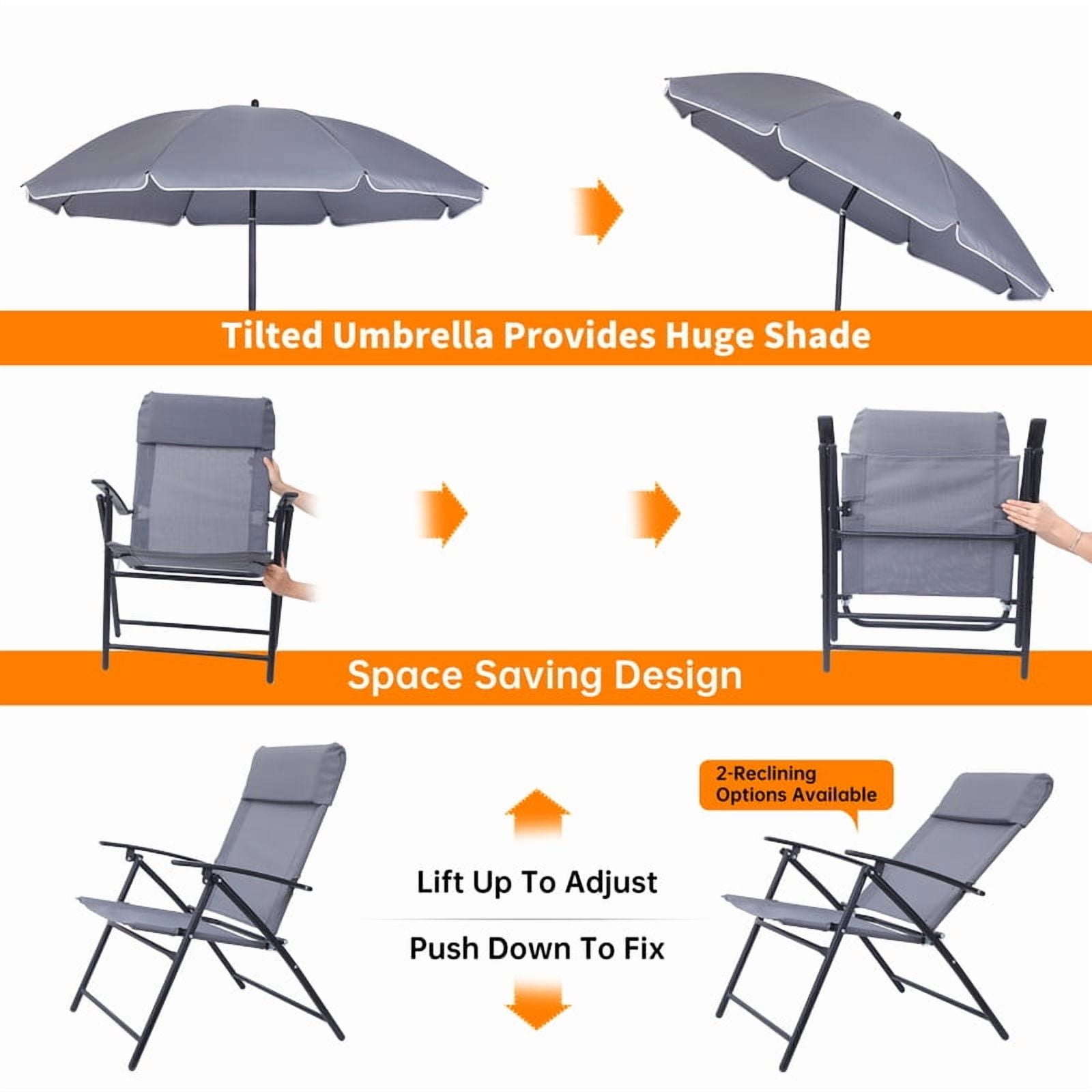 Outdoor Dinning Set, Patio Furniture Set, Patio Set with 2 Folding Chairs, 1 Glass Table & 1 Umbrella