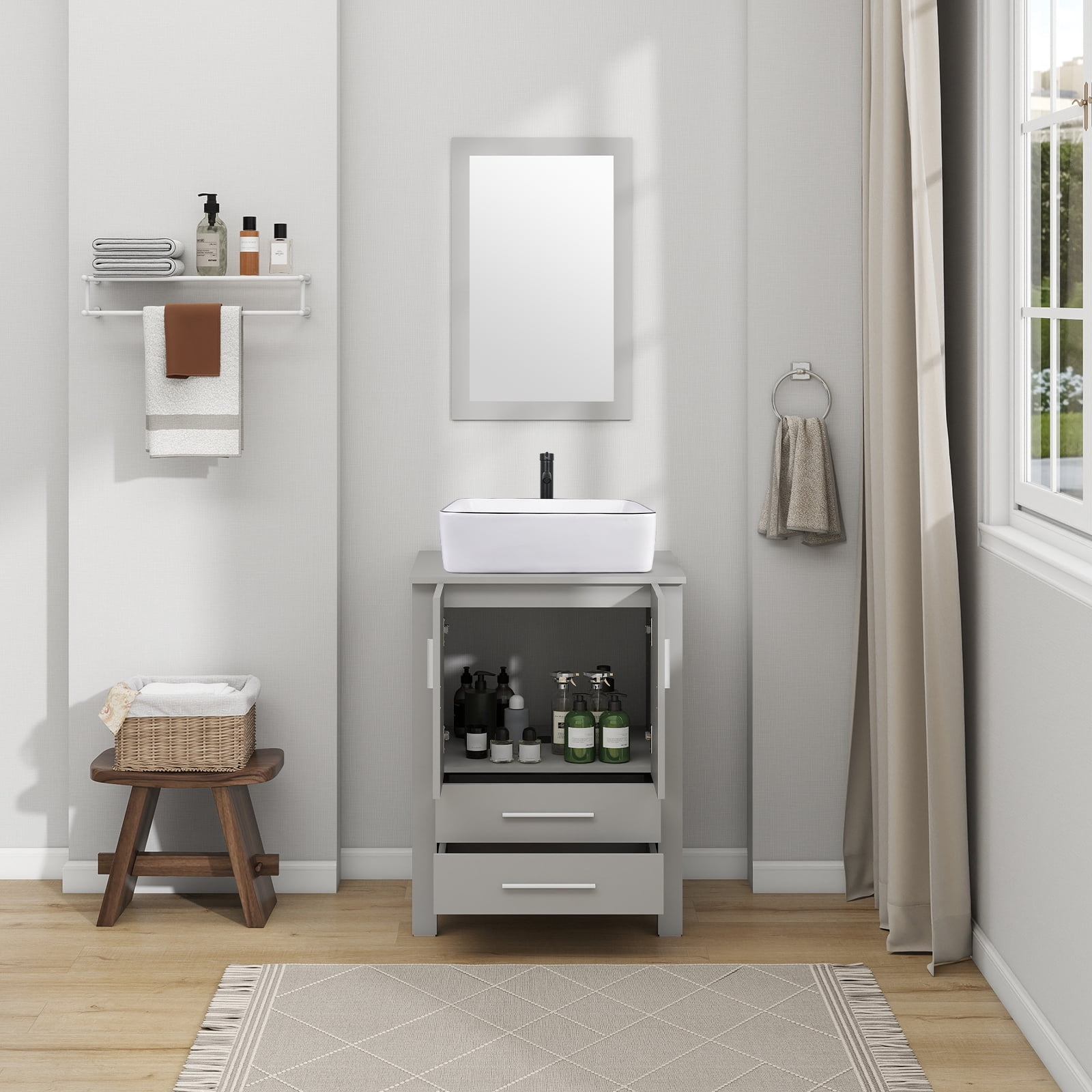 ELECWISH 24-Inch Bathroom Vanity in Gray with Mirror and Rectangle Sink Set, Modern Stand Pedestal Cabinet with White Ceramic Sink Set