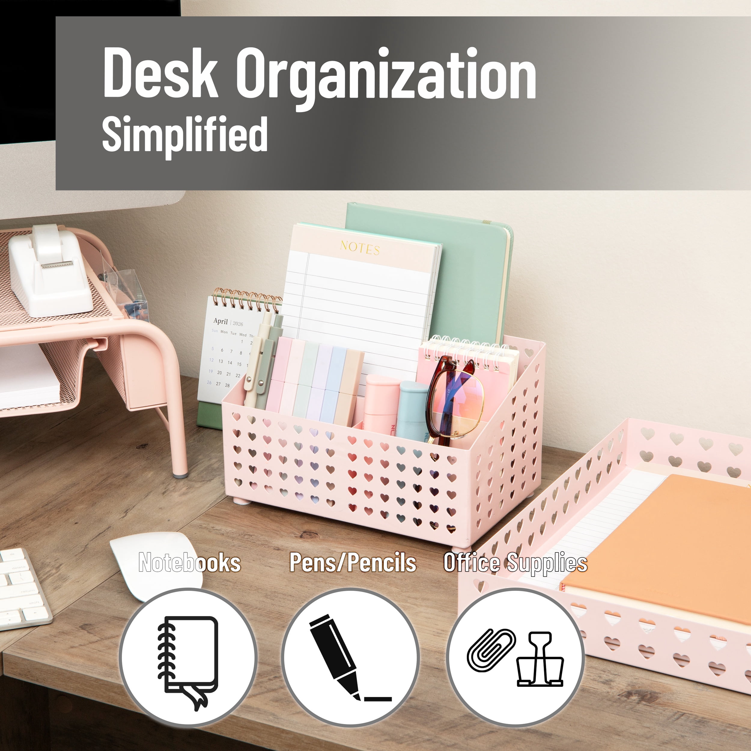Mind Reader Pink Metal Desktop Organizer with Heart Design