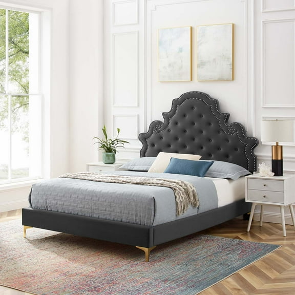 Modway Gwyneth Tufted Performance Velvet Twin Platform Bed in Charcoal