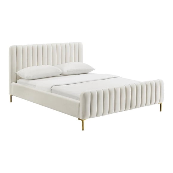 TOV Furniture Angela Lit Double Transitionnel en Velours de 41,7 Po H avec Design Charmant en Crème