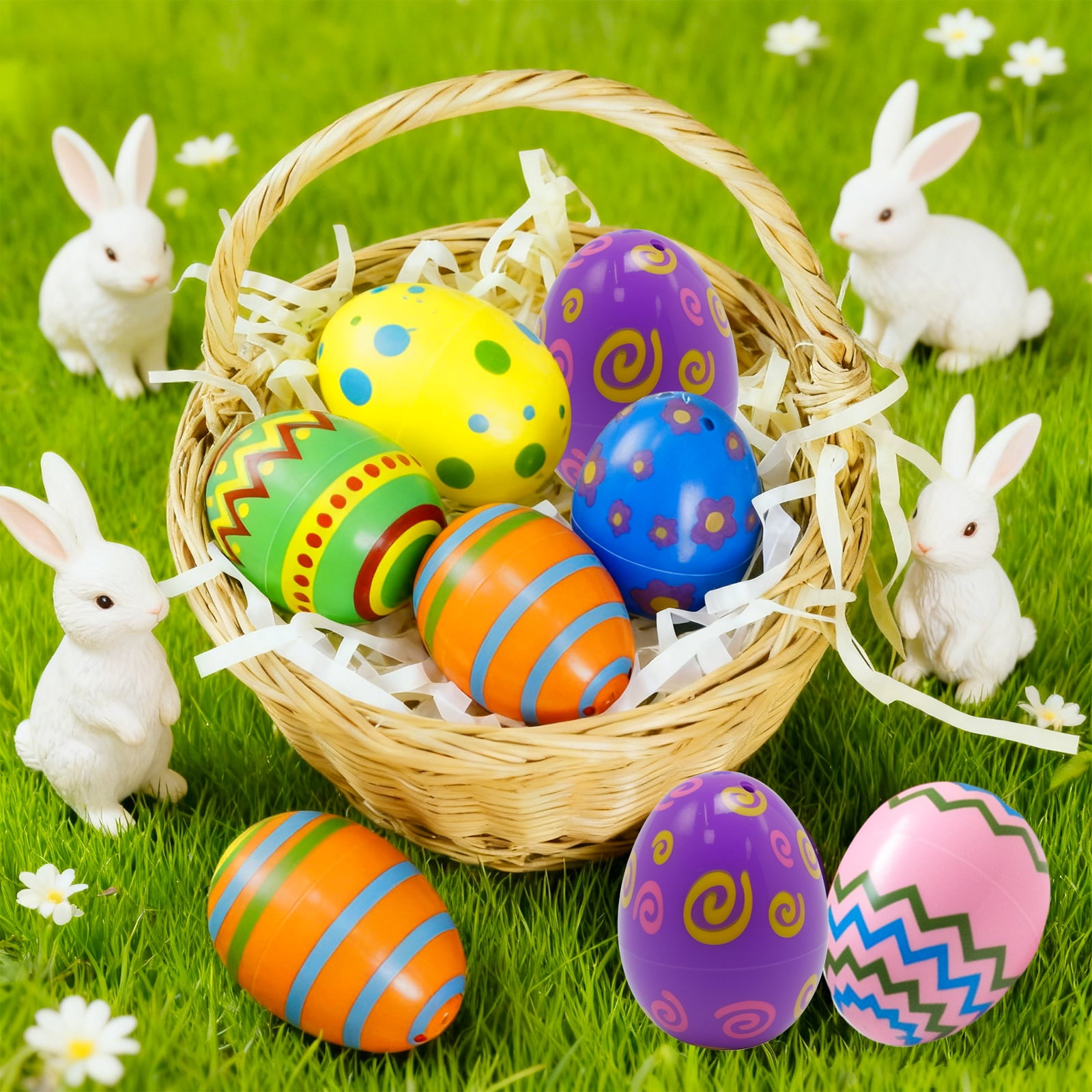 72Pcs Pre-Filled Plastic Easter Eggs 2.36", 6 Different Styles, for Easter Hunt, Party Favors, Classroom Prizes & Decor