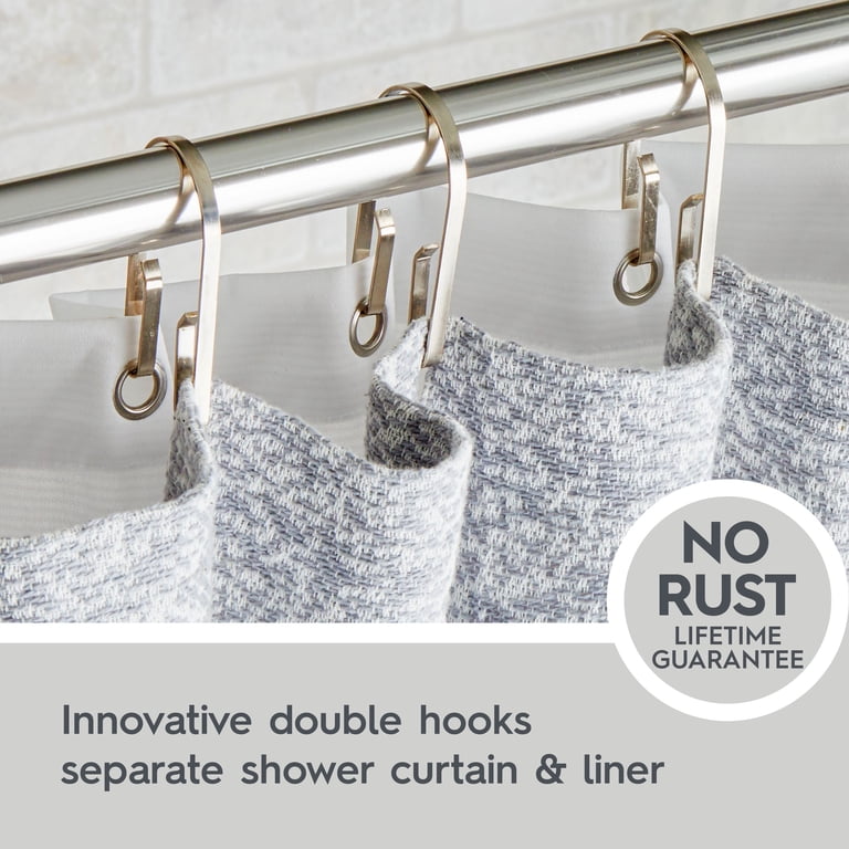 Color Up Double Hook Shower Rings – Stainless Steel Shower Curtain Hooks, Set Of 12 (White)