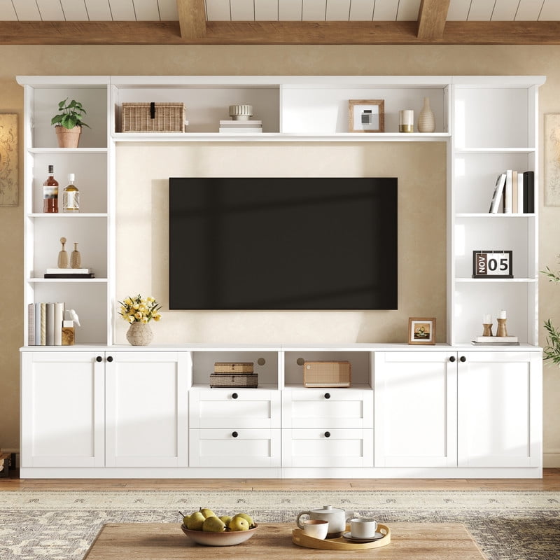 Farmhouse Entertainment Center Wall Unit with Drawers & Adjustable Shelves, TV Stand Media Console with Bridge for TVs Up to 70"