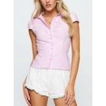 thumbnail image 4 of Women Y2K Lapel Cap‑Sleeve Button‑Down Crop Blouse, Ruched‑Front Tie‑Back Slim‑Fit Vintage Going‑Out Summer Top, 4 of 19