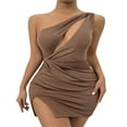 thumbnail image 1 of Women One Shoulder Dress Solid Color Hollow Out Ruched Slit Bodycon Mini Short Skirt Beach Date Wear, 1 of 5