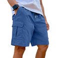 thumbnail image 2 of Cargo Shorts For Men Drawstring Elastic Waist Shorts Lightweight Plain Color Knee Length Pants With Multi Side Pockets Dark Blue 2XL, 2 of 7