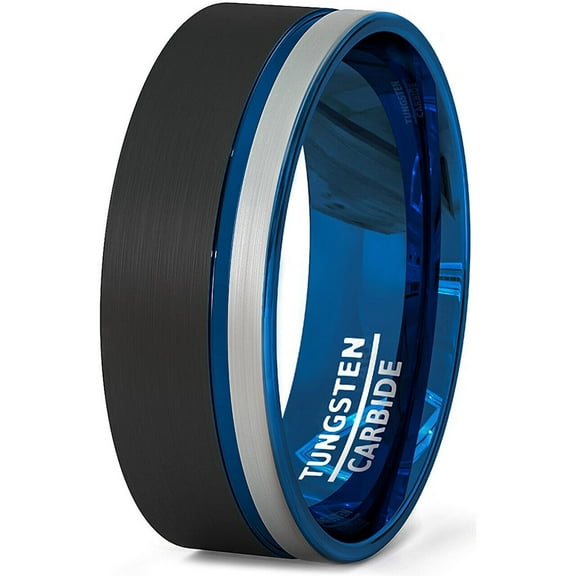 Wedding Rings Men or Women 8mm Black Gray & Blue Tungsten Wedding Band