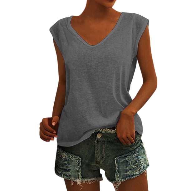 Camiseta básica de verano para mujer, holgada, con cuello en V y manga corta, sin mangas.
