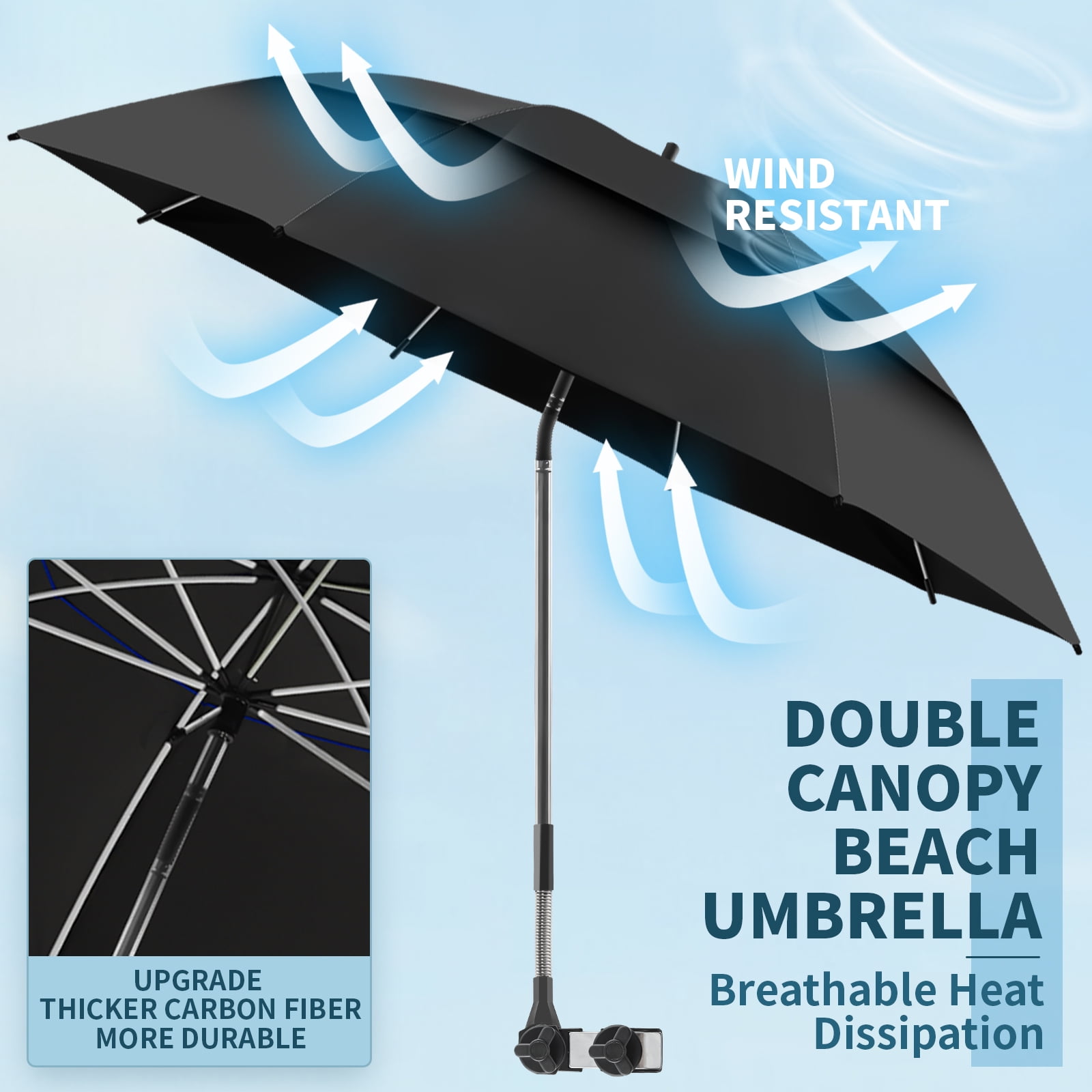 2 Pack 48.6" Double Canopy Umbrella with Clamp, UPF50+ Beach Chair Umbrella with clip, 360°Adjustable Portable Outdoor Wheelchair, Patio, Golf Carts,Camping(Black, Not Include Chair)