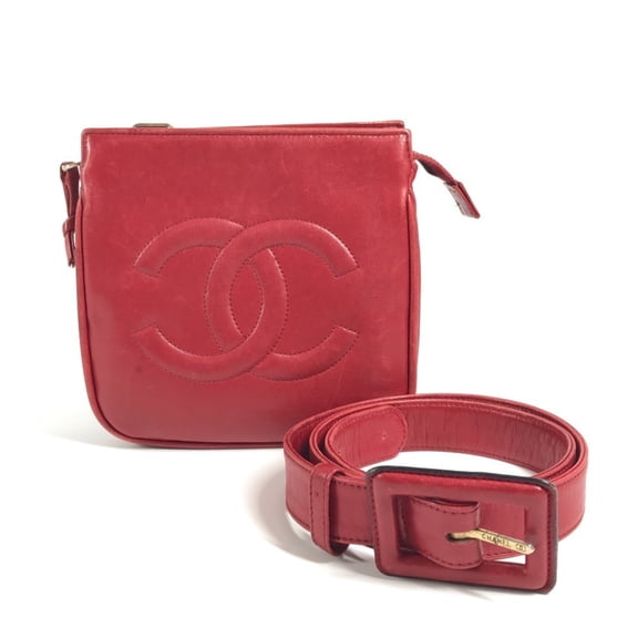 Pre-Owned CHANEL Vintage Big CC Logo Coco Mark Bag, Belt Body Waist Pouch, Leather, Women's, Red