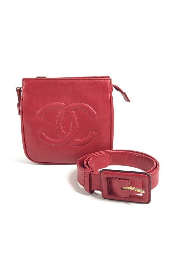 Pre-Owned CHANEL Vintage Big CC Logo Coco Mark Bag, Belt Body Waist Pouch, Leather, Women's, Red