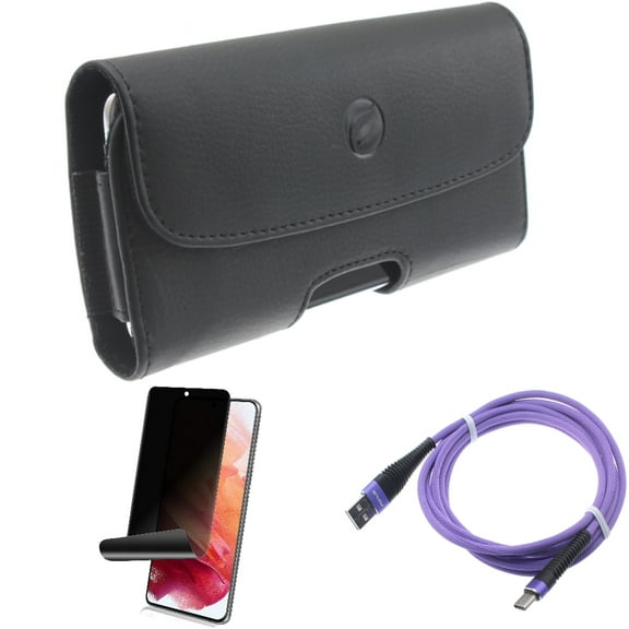 10ft USB Cable & Case Belt Clip & Privacy Screen Protector for Samsung Galaxy S22 (6.1") - Purple Type-C & Leather Holster & TPU Film Fingerprint Works Accessory Bundle