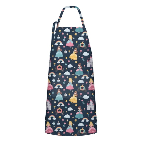 Dark Blue Princess Castle Pattern Apron-Garden Aprons for Women with Pockets-Cotton Linen Waterproof Kitchen Cooking Gardening Aprons Adjustable for Kitchen,Cooking,BBQ and Salon 33x27 Inch