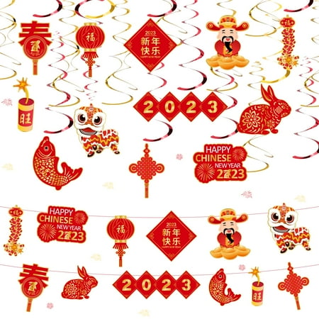 

75Pcs Happy Chinese New Year Decorations Hanging Swirls 2023 hinese Lunar New Year Sign Hanging Swirls Ceiling Decorations for Indoor Outdoor Party Supplies