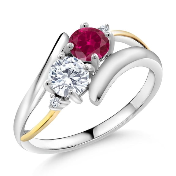 Gem Stone King 925 Silver and 10K Yellow Gold Ring Round Red Created Ruby and Moissanite (1.52 Cttw, Size 6)