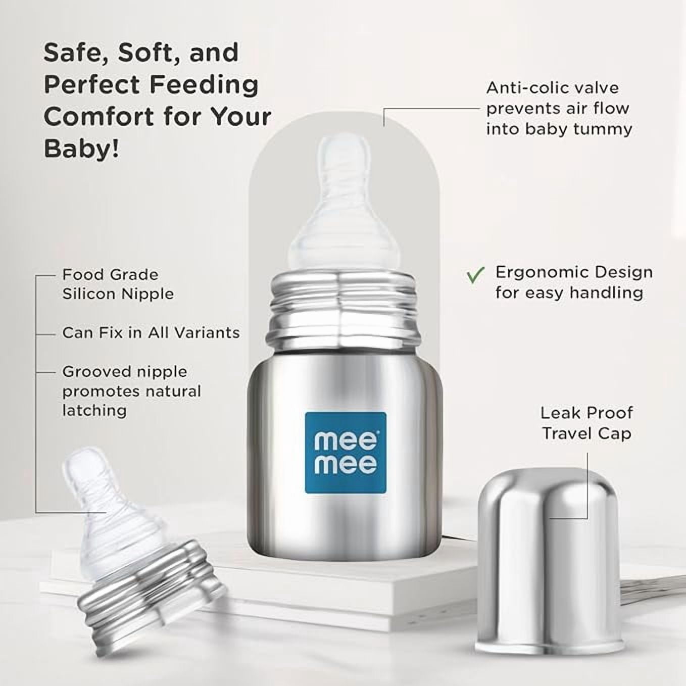 Mee Mee Baby Steel Feeding Bottle 120ml | Baby Milk Bottle with Advanced Anti Colic Valve