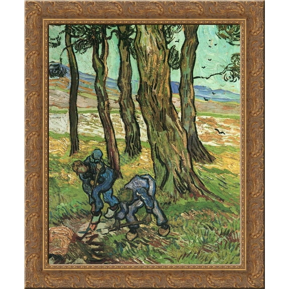 Two Diggers Among Trees 24x20 Gold Ornate Wood Framed Canvas Art by Vincent van Gogh