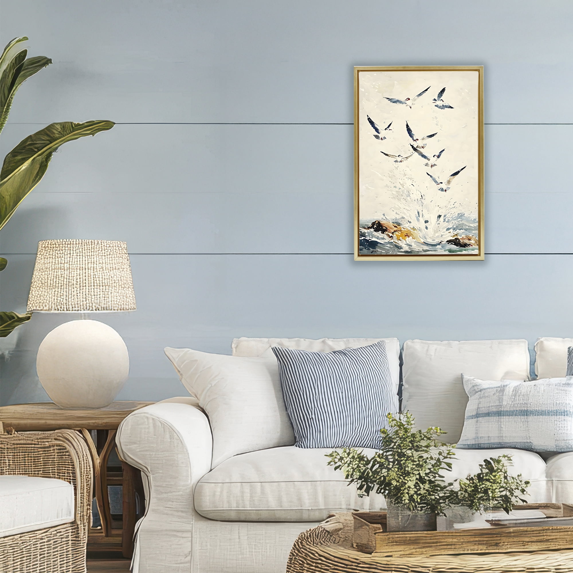 Stupell Industries Waves of Seagulls over Rocks Gold Framed Floater Canvas Wall Art, design by Creative Studio
