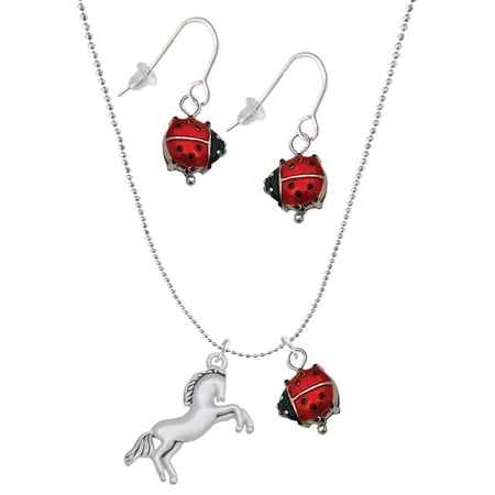 Delight Jewelry Silvertone Small Rearing Horse Red Lucky Ladybug Necklace and Dangle Earrings Set