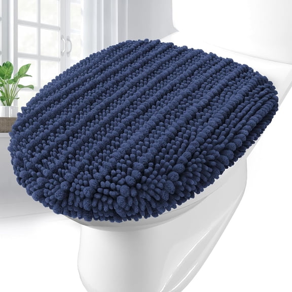 Soft Chenille Bathroom Toilet Lid Cover 17.5x15, Machine Washable Seat Covers, Stays in Place Non-Slip Backing, Fits Most Round, Elongated and Oblong Lids, Accessories Decor, Navy