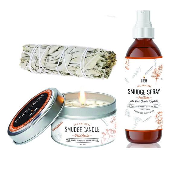 White Sage and Palo Santo Set Smudge Spray, Candle & White Sage Smudge Stick Bundle | for Cleansing, Meditation, Chakra Healing, Aromatherapy | with Crystals and Herbs