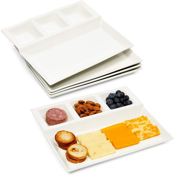 Divided Serving Platters, White Ceramic Appetizer Trays (10.25 x 8.6 In, 4 Pack)