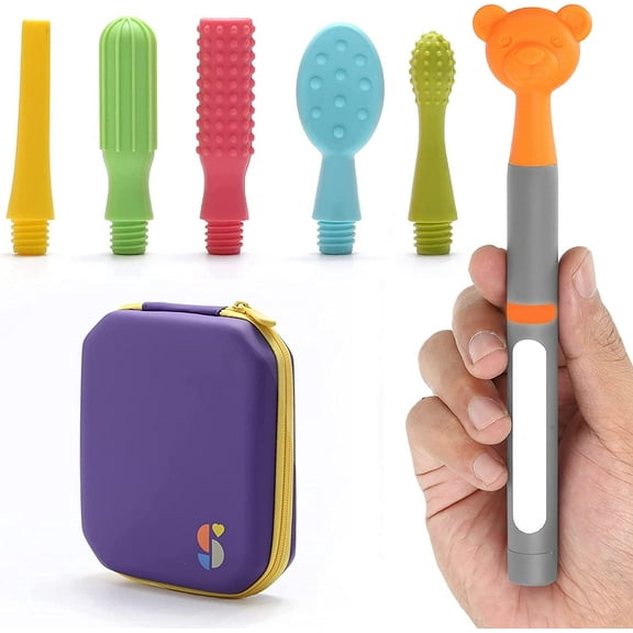 Special Supplies Buzz Buddy Oral Stimulation kit with 6 Soft Textured Interchangeable Heads, Calm Sensory Needs, Support Speech, and Stimulate Self Feeding, Gentle Vibrations