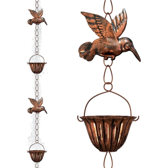 Hummingbird Rain Chain 8.8 ft, Vintage Metal Decorative Rain Water Chain for Gutters, Hanging Garden Rain Chain with Cups, Outdoor Roof Drainage & Patio Decor (Bronze Finish)