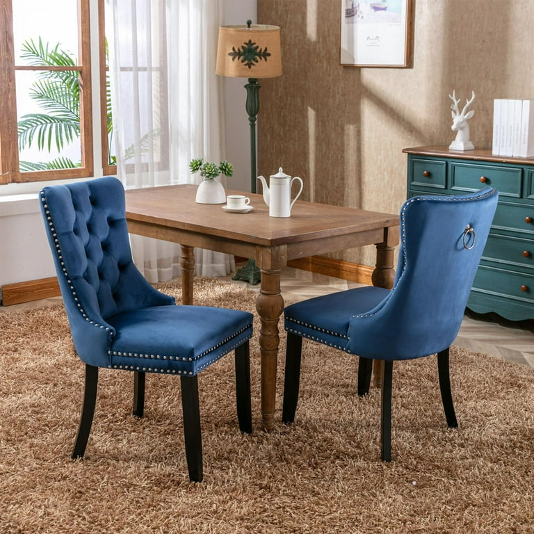 Extra Large Round Dining Table and Brass Chairs with Blue Velvet Seats -  Transitional - Dining Room