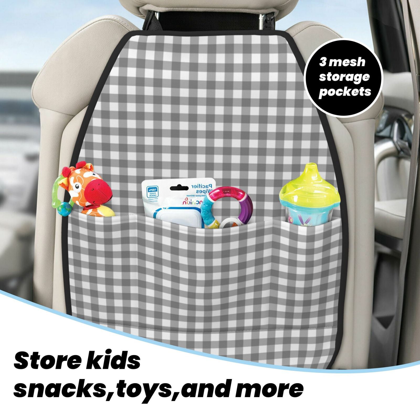 Xecao Gray Checkboard Pattern Car Seat Back Protector 2 Pack Large Capacity Pocket, Kick Mats Back Seat Protector
